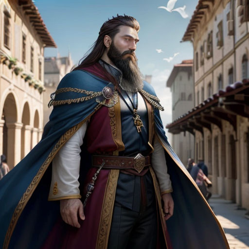 a man in a medieval outfit standing in a street with a bird flying overhead in the background and a bird flying overhead