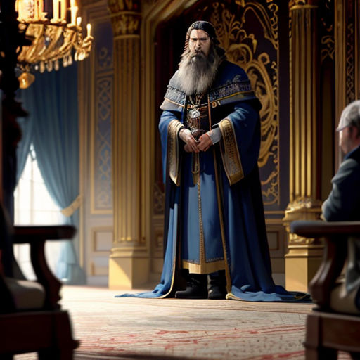 a man in a blue robe standing in a room with a chandelier and a chandelier