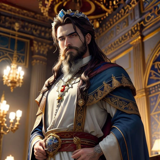 a man in a crown and robe standing in a room with chandeliers and chandeliers on the ceiling
