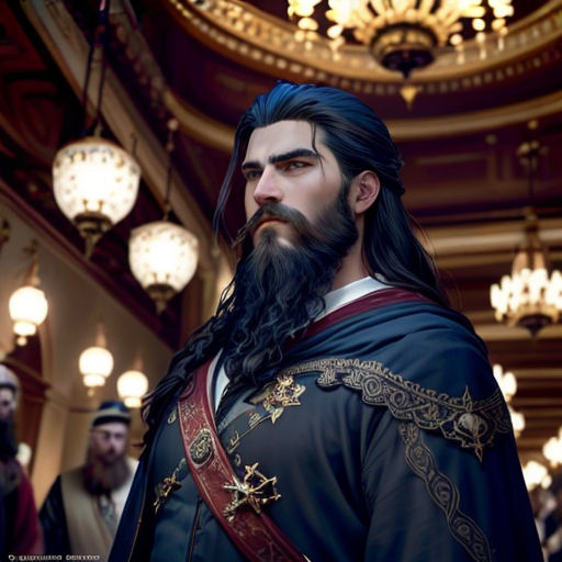 a man with long hair and a beard wearing a black outfit and a crown and a red cape with a cross