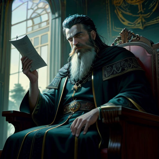 a man with a long beard sitting in a chair reading a book and looking at a paper in his hand