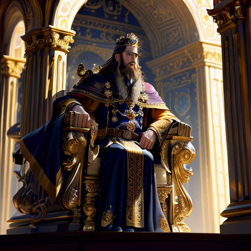 a man in a crown sitting on a throne in a building with columns and arches in the background,