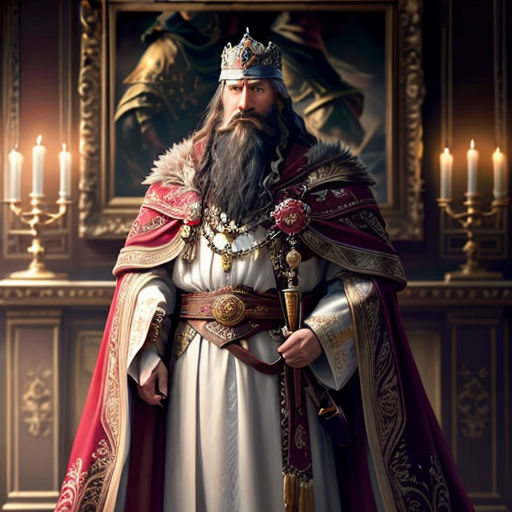 a man in a crown and robe standing in front of a painting of a man with a beard and a crown