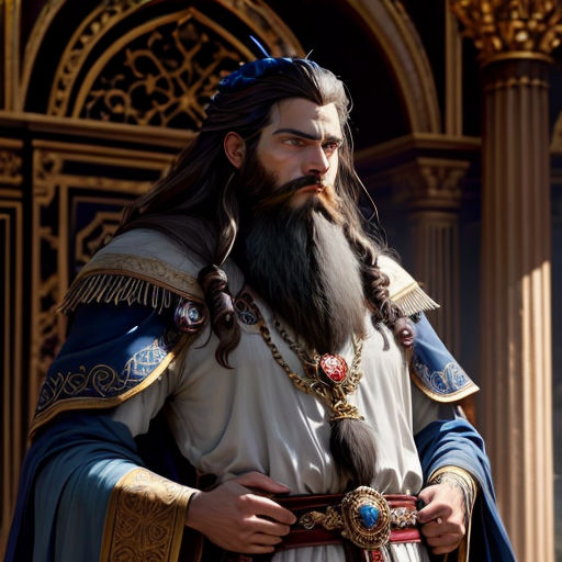 a man with a beard and a long beard wearing a costume and a crown and holding a sword in his hand