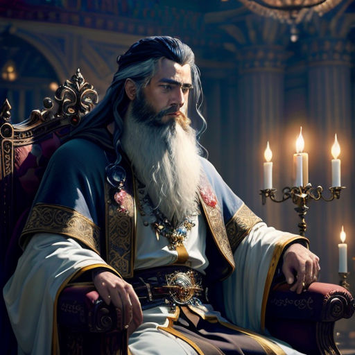 a man with a long beard sitting in a chair with candles in the background and a chandelier in the background