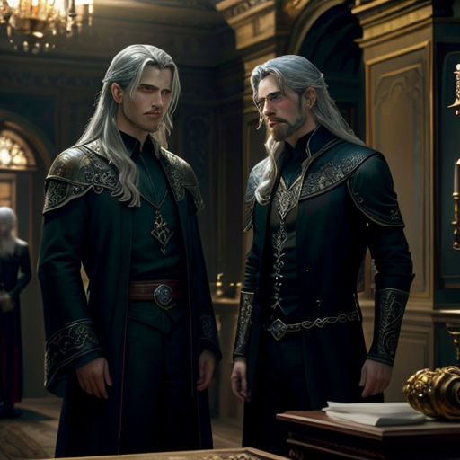 a couple of men standing next to each other in a room with a chandelier and a clock