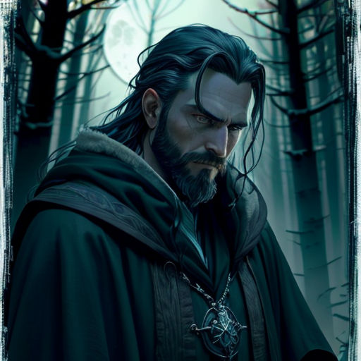 a man with a beard and a cloak in a forest with trees and a moon in the background, with a chain around his neck