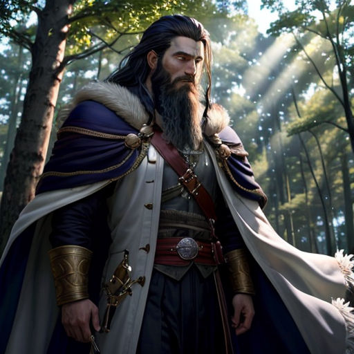 a man in a costume standing in the woods with a sword in his hand and a cloak over his shoulder