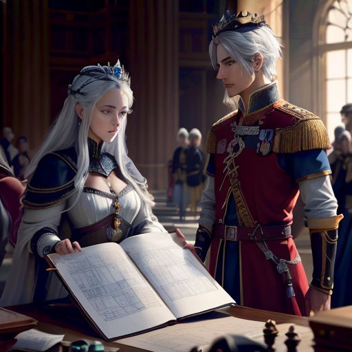 a couple of people standing next to each other in a room with a book in front of them and a book open