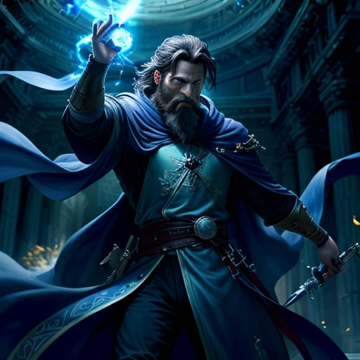 a man with a beard and a beard holding a sword in his hand and a glowing orb in his hand