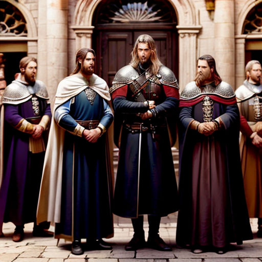 a group of men in medieval clothing standing in front of a building with a large doorway and a doorway