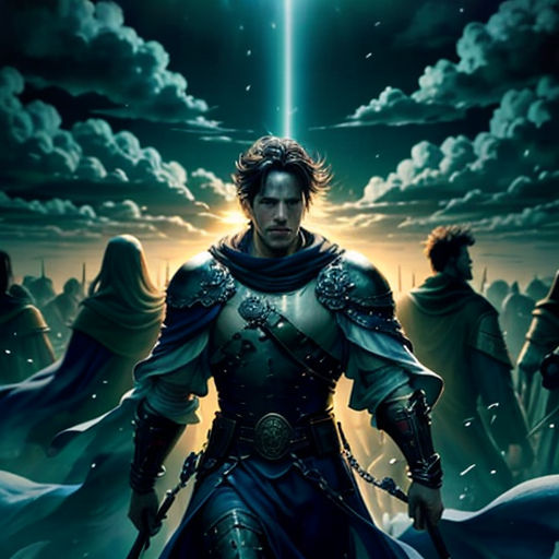 a man in armor standing in front of a cross and sky with clouds behind him, with a sword in his hand