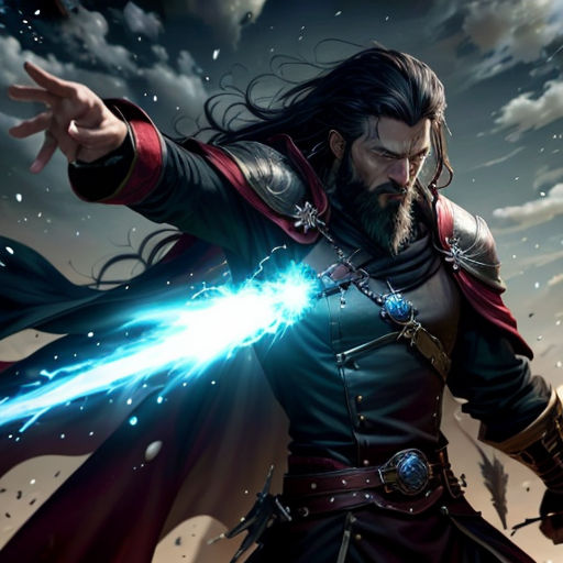 a man with a sword in his hand and a sky background with clouds and stars behind him, with a sky background with clouds and clouds