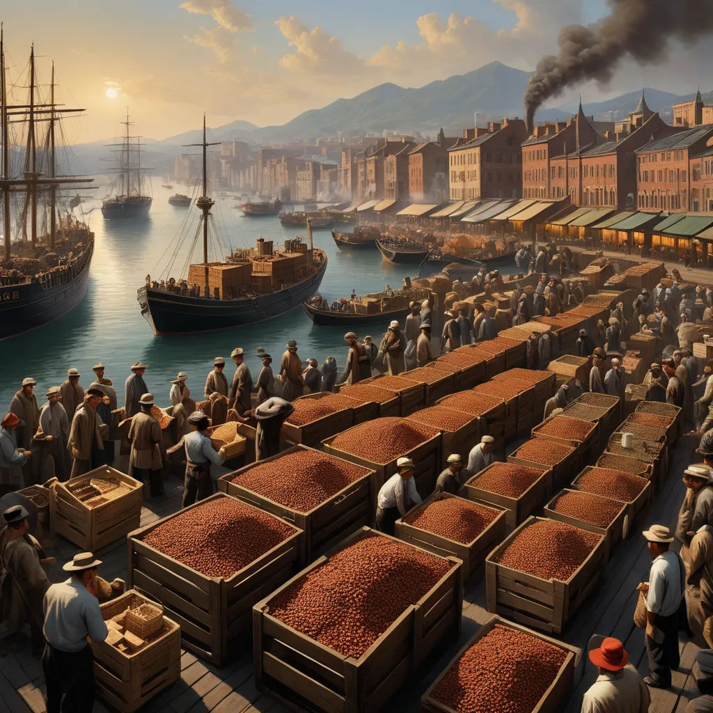 a painting of a harbor with a lot of people standing around it and a lot of boxes of red stuff, photorealism, a detailed matte painting, Evgeny Lushpin, cinematic matte painting