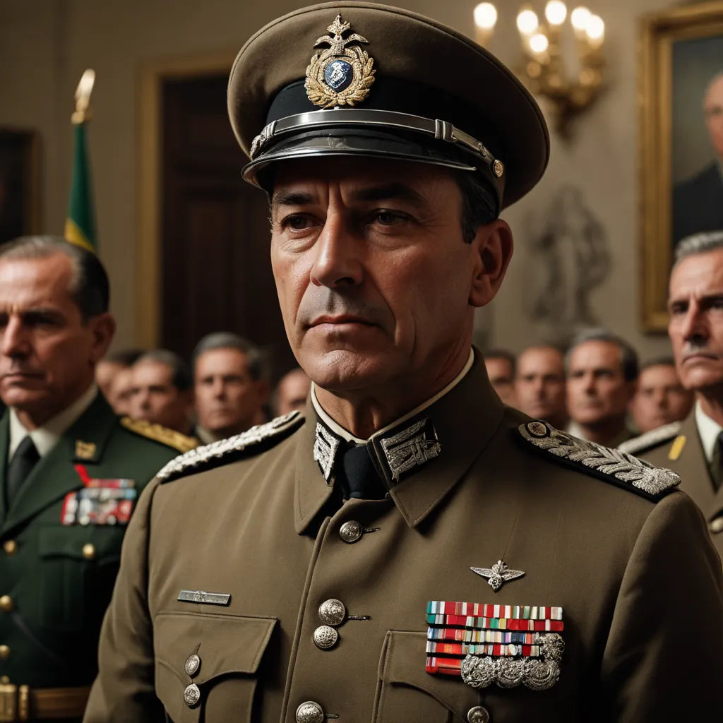 a man in a military uniform standing in front of a group of men in uniform in a room with paintings, serial art, a detailed matte painting, Benito Quinquela Martín, vfx
