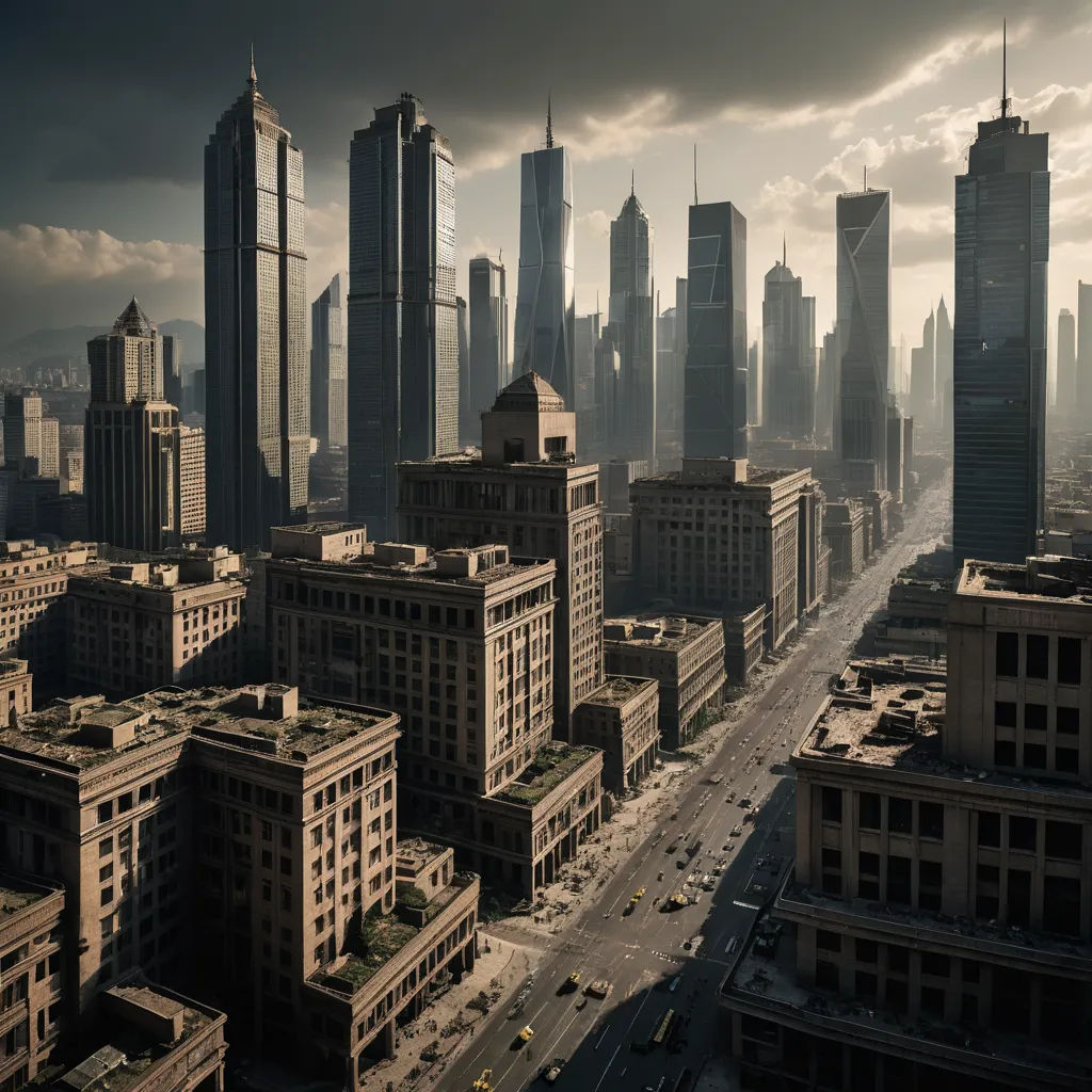 a city with tall buildings and a cloudy sky in the background, with a few cars driving on the road, retrofuturism, a detailed matte painting, Filip Hodas, cinematic matte painting