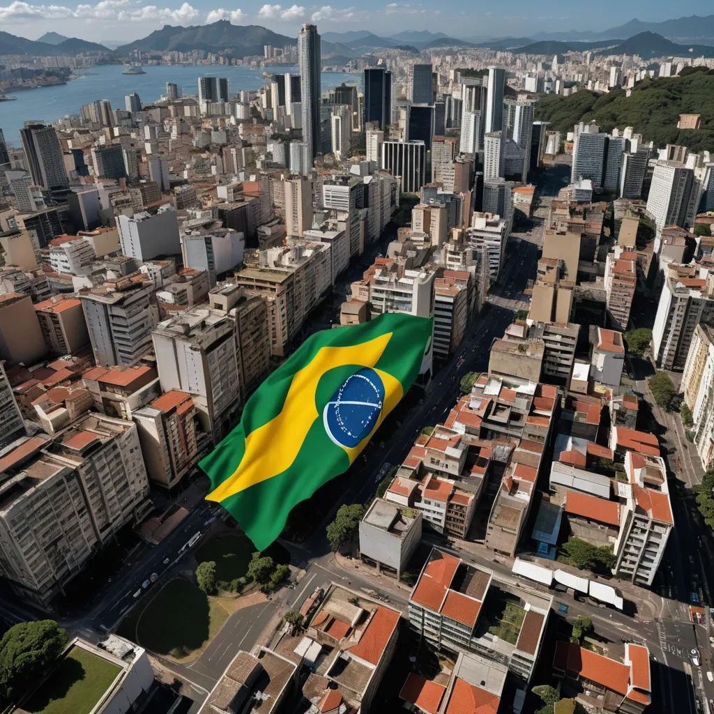 a flag flying in the air over a city with tall buildings and a body of water in the background, regionalism, a matte painting, Americo Makk, behance hd