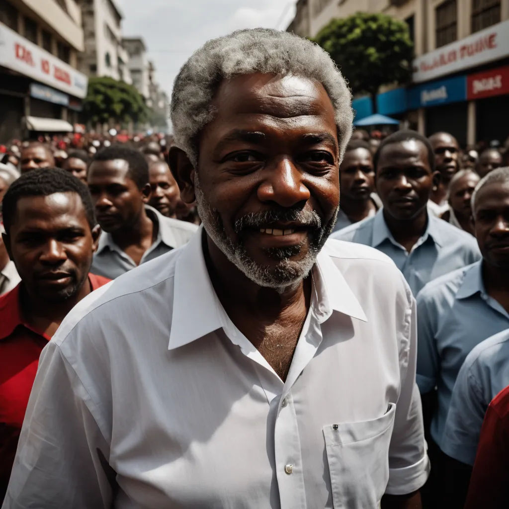 a man in a white shirt standing in front of a crowd of people in a city street with buildings, les automatistes, a character portrait, Bruce Onobrakpeya, cinematic still