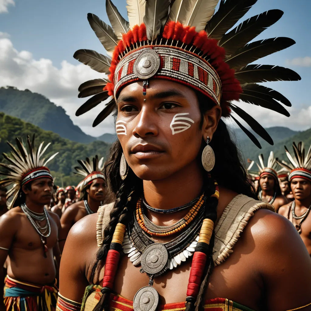 a native american man with a painted face and headdress on his head and other people in the background, sumatraism, a detailed matte painting, Americo Makk, behance hd