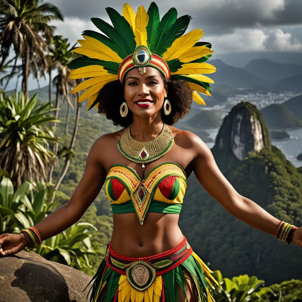 a woman in a colorful costume standing on a hill with a view of the ocean and mountains behind her, afrofuturism, a stock photo, Ella Guru, promotional image