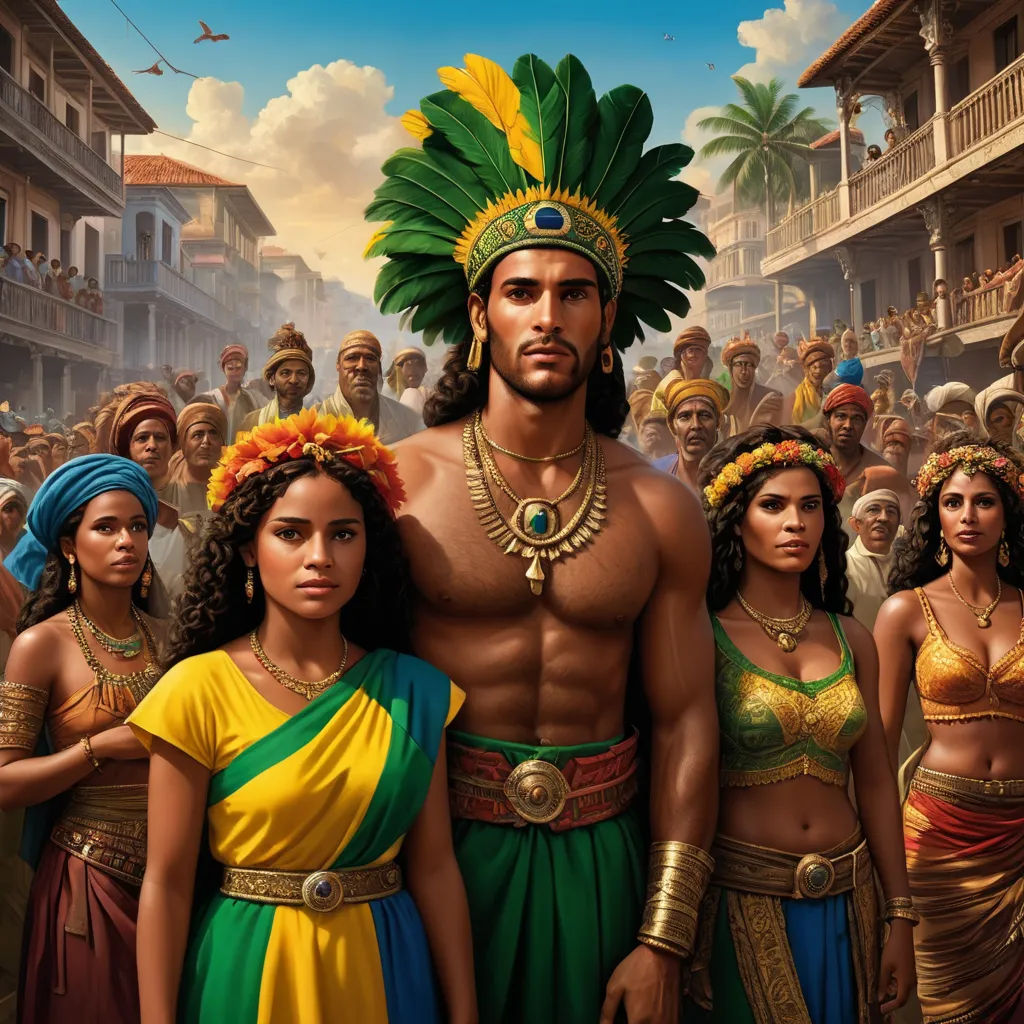 a man and two women standing in front of a crowd of people in costume and headdress,, samikshavad, a detailed matte painting, Altoon Sultan, highly detailed digital painting