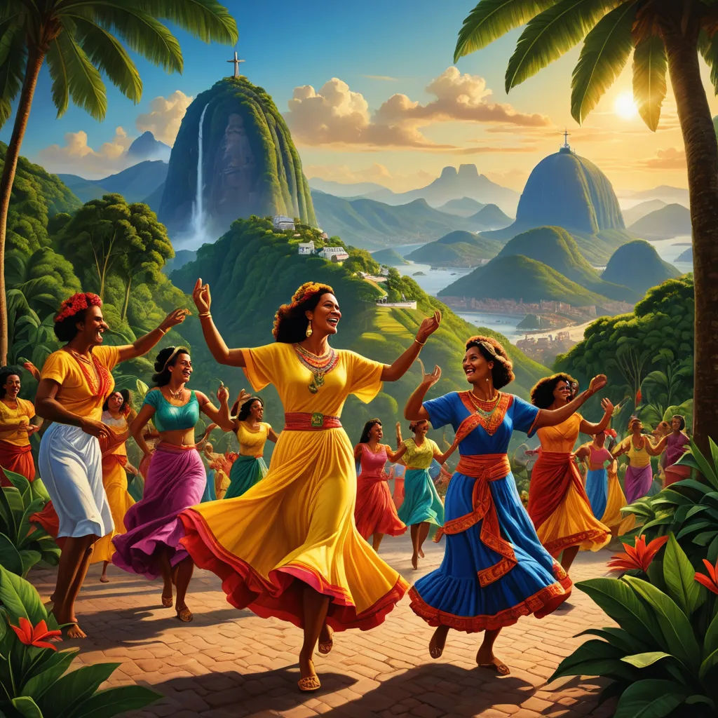 a painting of a group of women dancing in a tropical setting with mountains in the background and a sunset, american scene painting, a detailed matte painting, Brothers Hildebrandt, official art