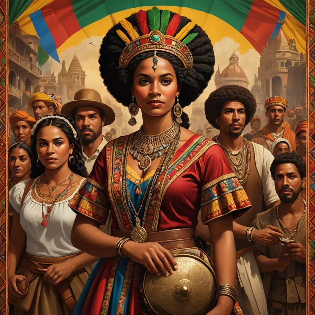 a painting of a woman in a costume with other people behind her and a rainbow in the background with a rainbow, afrofuturism, a poster, Chinwe Chukwuogo-Roy, official art