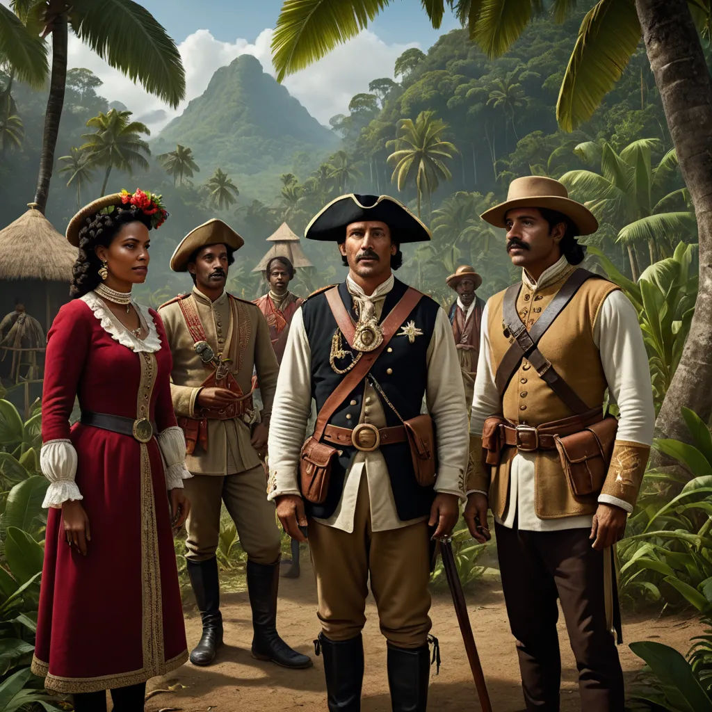 a group of people in pirate costumes standing in a forest area with palm trees and mountains in the background, serial art, a detailed matte painting, Chris LaBrooy, promotional image