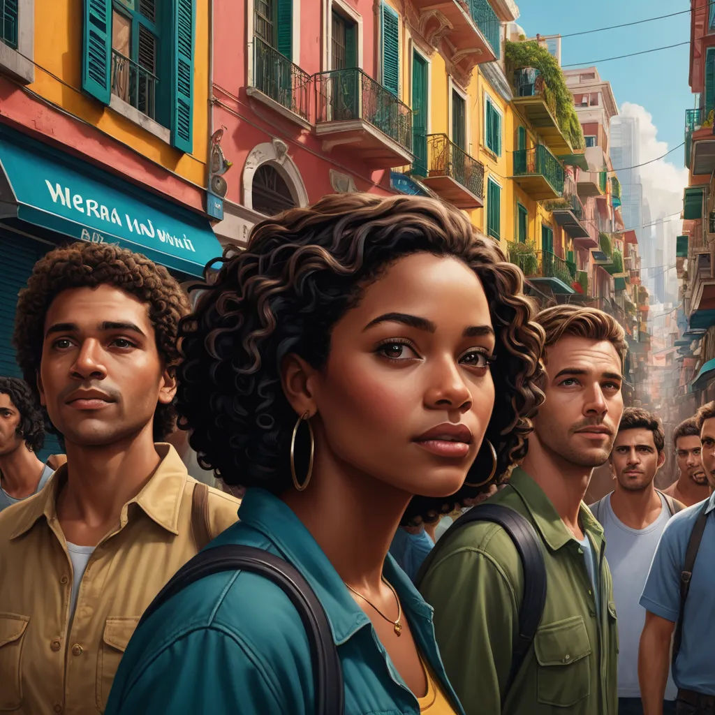 a group of people standing in a street next to a building with a woman in the middle of the street, serial art, a detailed painting, Chris LaBrooy, highly detailed digital painting