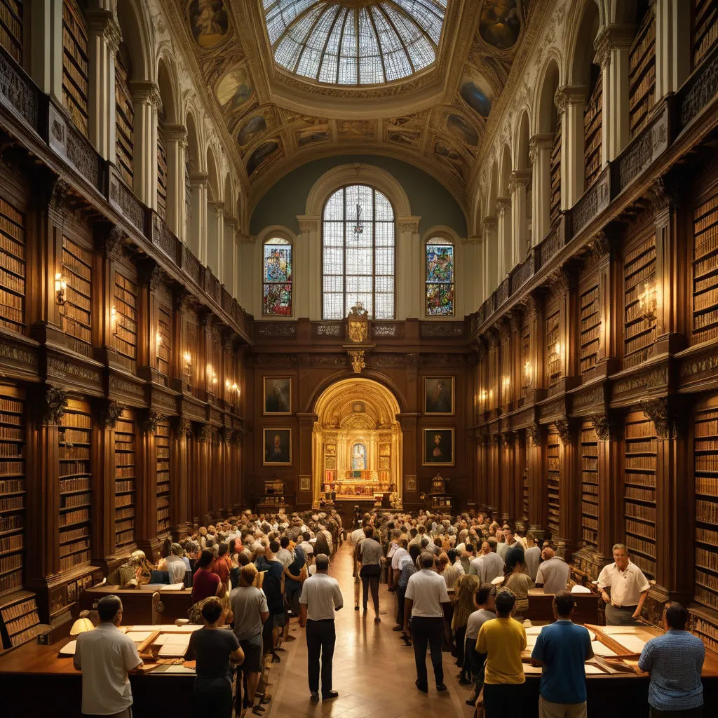 a large room filled with lots of people sitting at tables and standing in front of a window filled with books, academic art, a stock photo, Christopher Wren, open ceiling