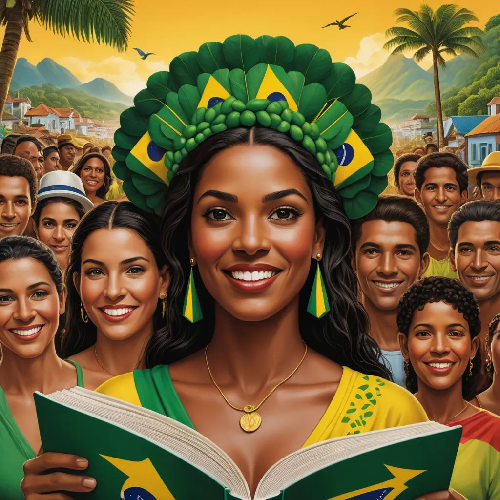 a woman with a green headdress reading a book in front of a crowd of people with a green and yellow headdress, magical realism, a storybook illustration, Chris LaBrooy, ultra realistic illustration