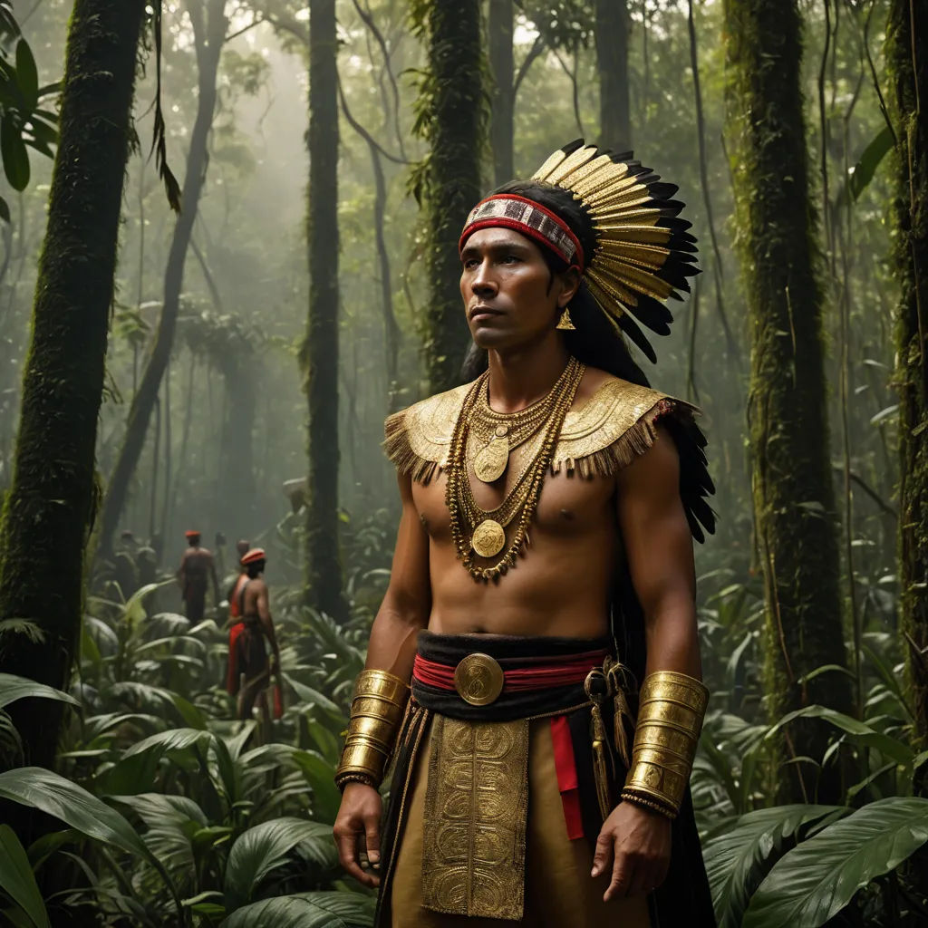 a man in a native american costume standing in the woods with a group of people behind him in the background, primitivism, a detailed matte painting, Félix Arauz, cinematic photography