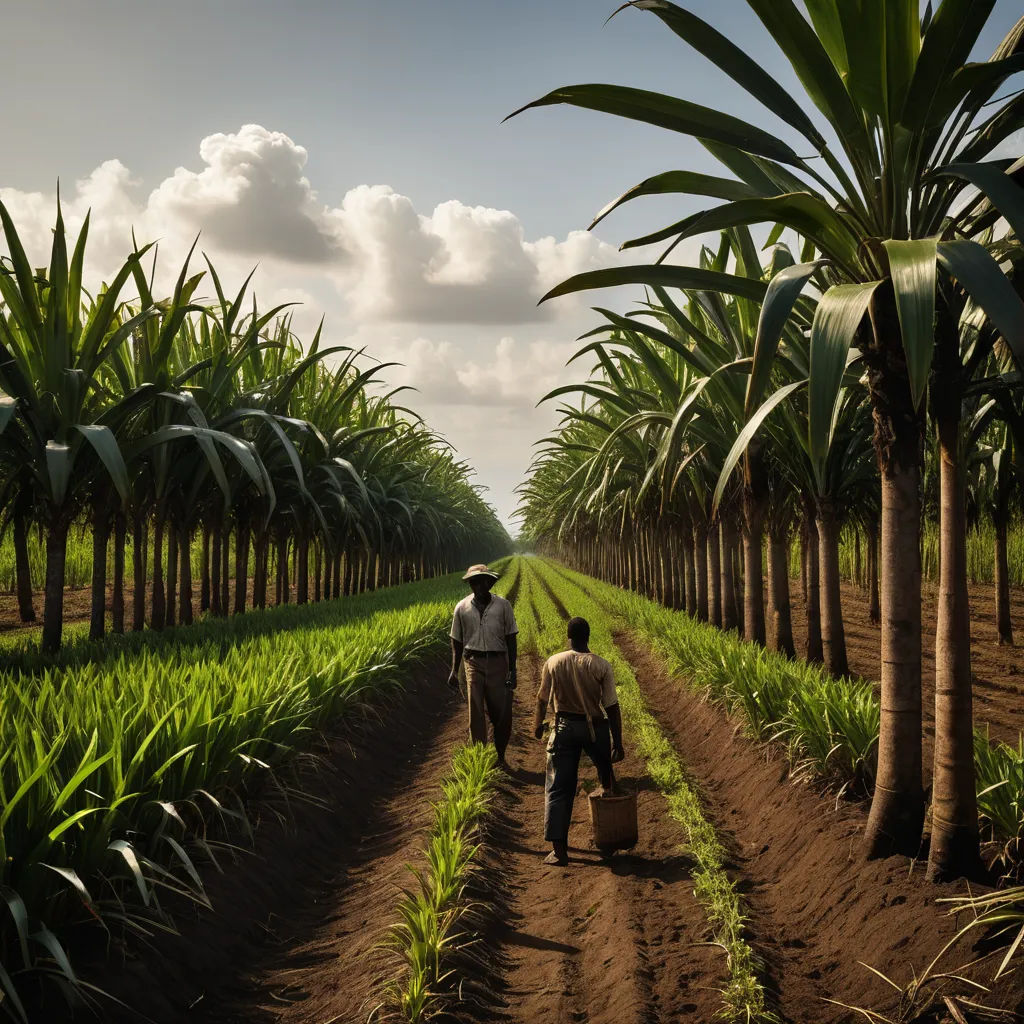 two men walking down a dirt road between palm trees and a field of green grass with a sky background, environmental art, a stock photo, Boetius Adamsz Bolswert, award-winning photograph