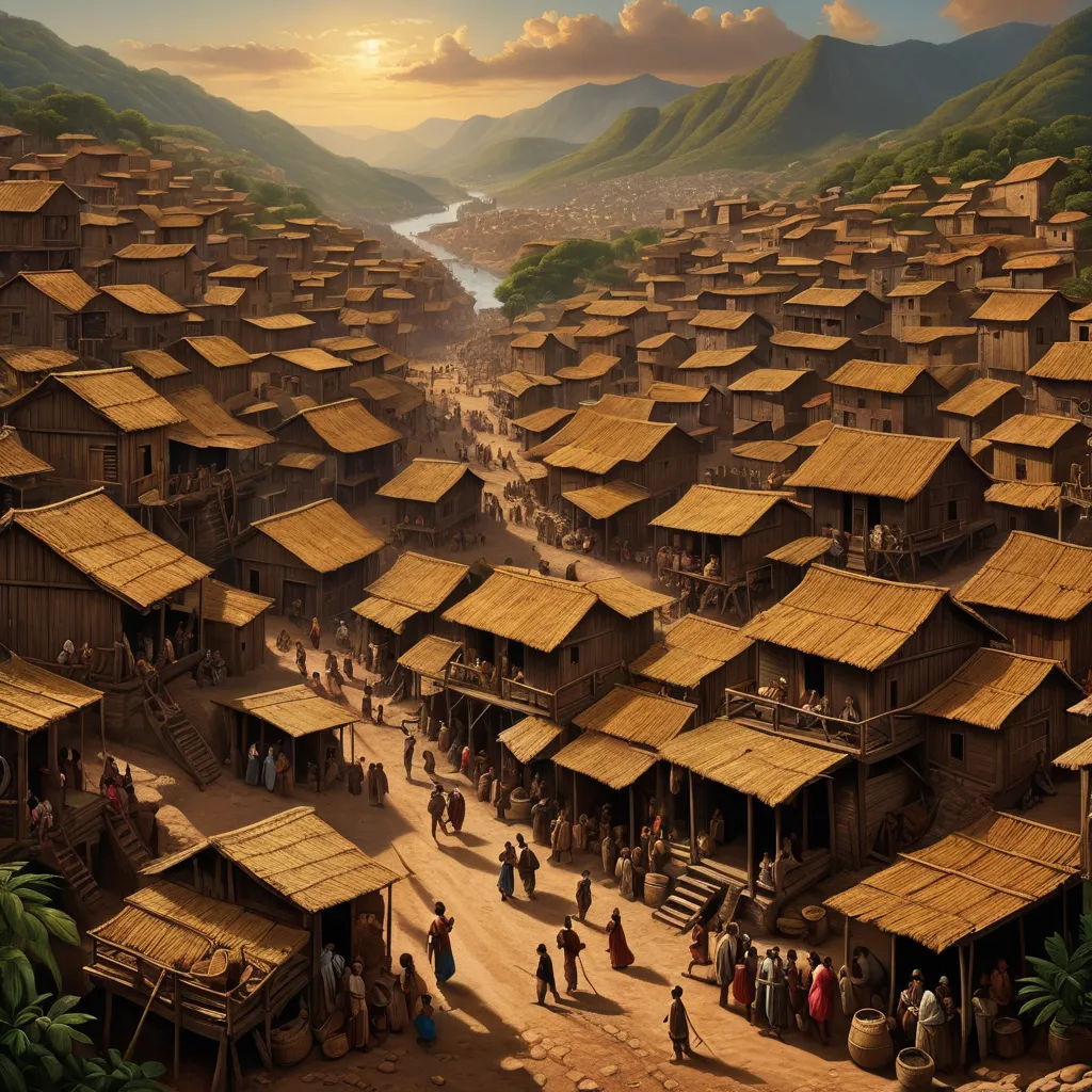 a painting of a village with a river running through it and lots of people standing around it and a mountain range in the background, sumatraism, a detailed matte painting, Christophe Vacher, matte painting