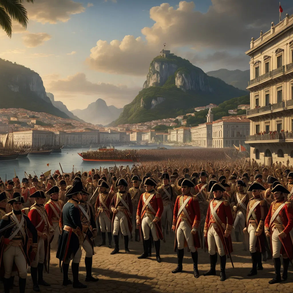 a painting of a military scene with a group of men in uniform and a large group of people in the background, photorealism, a detailed matte painting, Alexander Roslin, cinematic matte painting