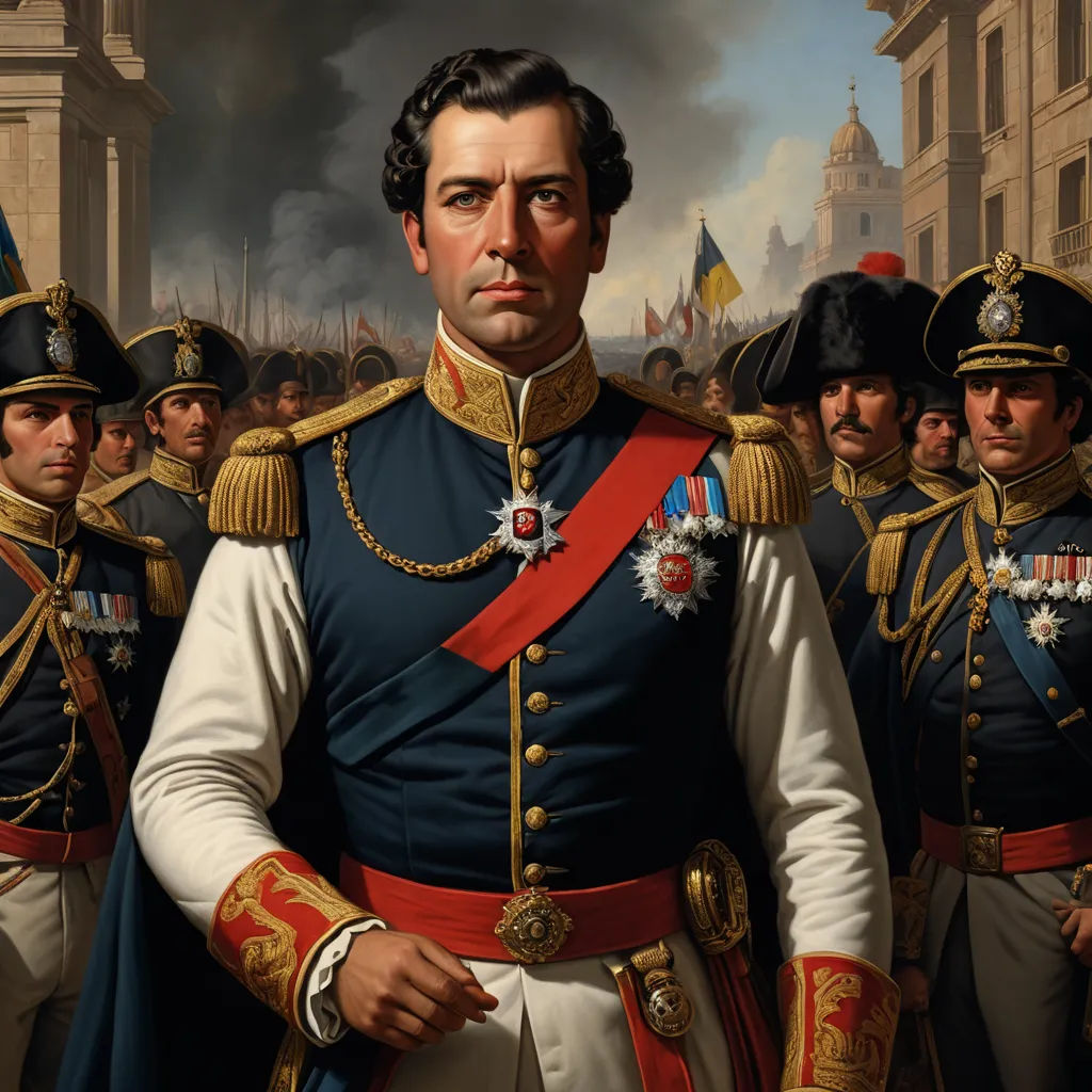 a painting of a man in uniform standing in front of a group of men in uniform and holding a sword, classical realism, a detailed painting, Eduardo Lefebvre Scovell, detailed painting