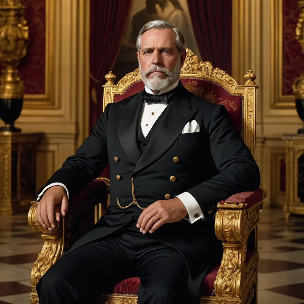 a man in a suit sitting on a chair in a room with gold trimmings and a red chair, sots art, a photorealistic painting, Carl Gustaf Pilo, j. c. leyendecker 8 k