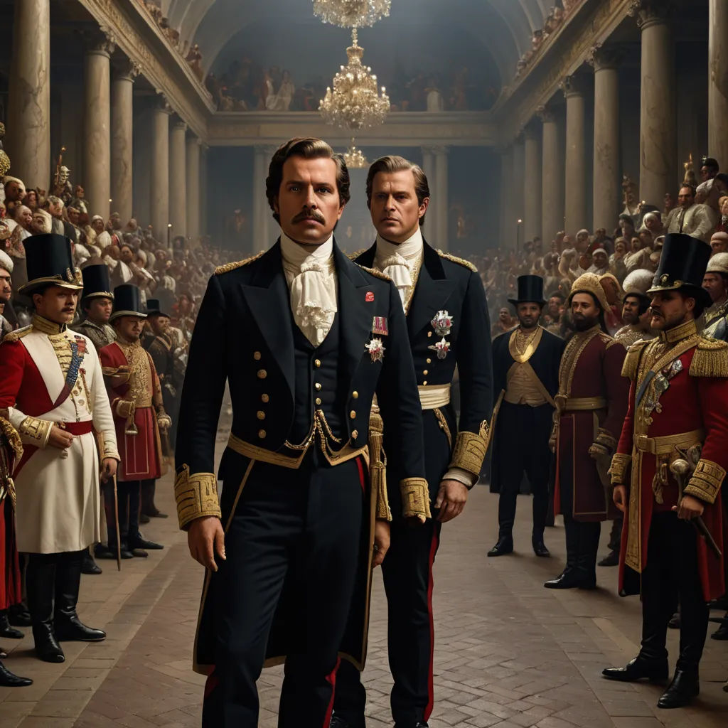 two men in uniform standing in front of a crowd of people in uniform and in formal dress clothes,, maximalism, a detailed matte painting, Carl Gustaf Pilo, promotional image