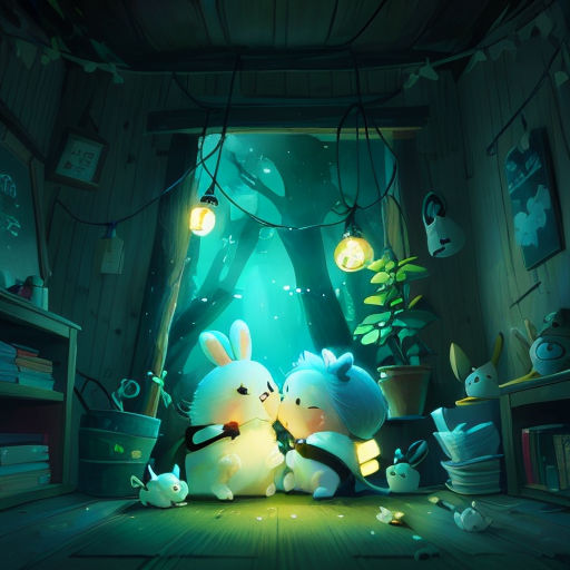 a couple of rabbits sitting on top of a wooden floor next to a window with lights on it and a cat