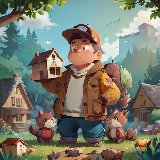 a man holding a bag in front of a forest with a bunch of animals around him and a house in the background