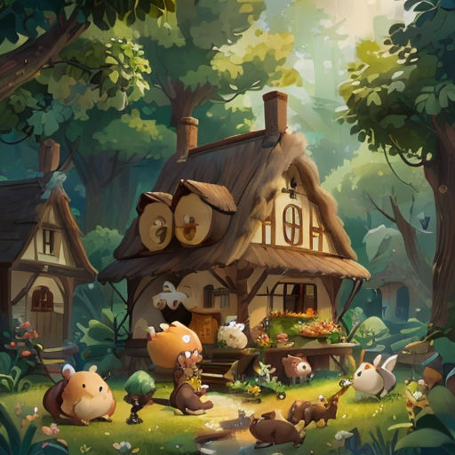 a cartoon house with many animals in the yard and trees around it, with a bird flying over the house
