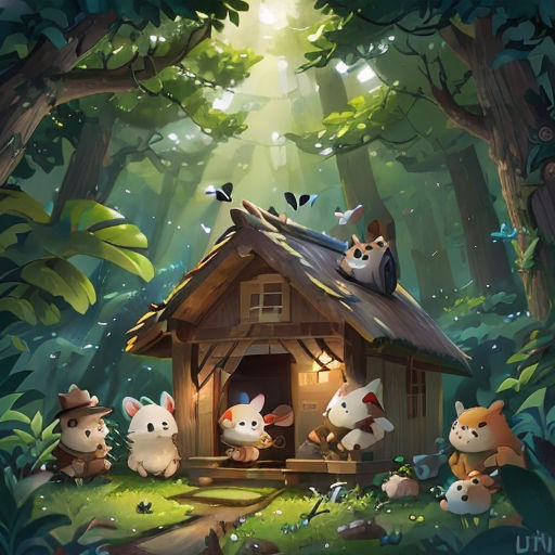 a group of animals that are in a house in the woods with a light shining on them and a forest background