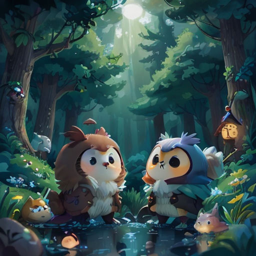 two cartoon animals are standing in the woods by a pond with lights on it and a forest scene in the background
