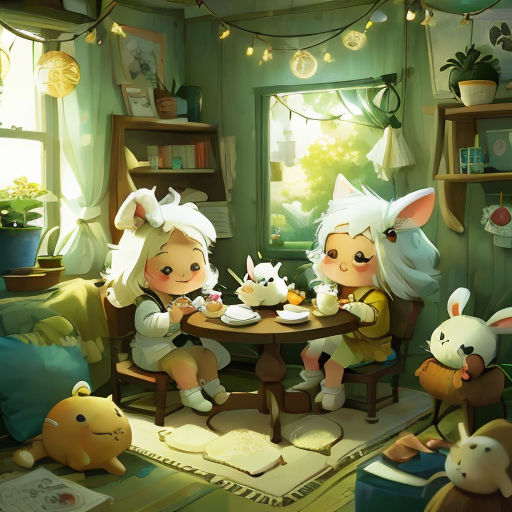 a couple of little girls sitting at a table with stuffed animals around them and a cat on the floor