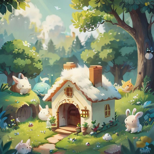 a painting of a house with rabbits in the yard and trees in the background, with a sky background