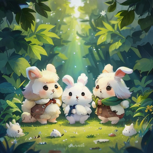 three little rabbits are sitting in the grass together, with a forest background behind them, and a bright light shining through the trees