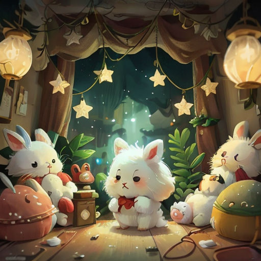 a group of white rabbits sitting on top of a wooden floor next to a window filled with stars and lights