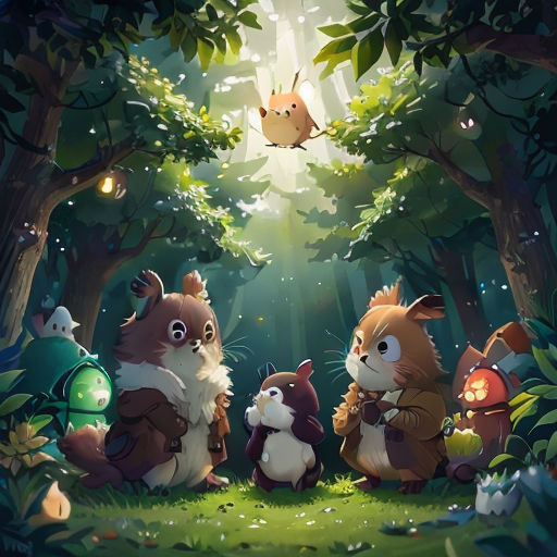 a group of animals sitting in the middle of a forest with a bird flying above them and a forest scene behind them