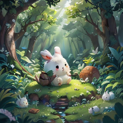 a painting of a bunny sitting on a mossy island in the woods with a rabbit in the middle