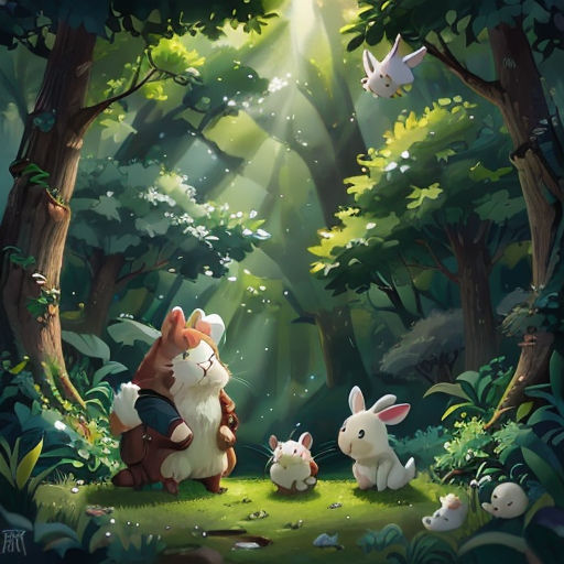 a painting of a forest with rabbits and a bunny in the grass and trees with a light coming through the trees